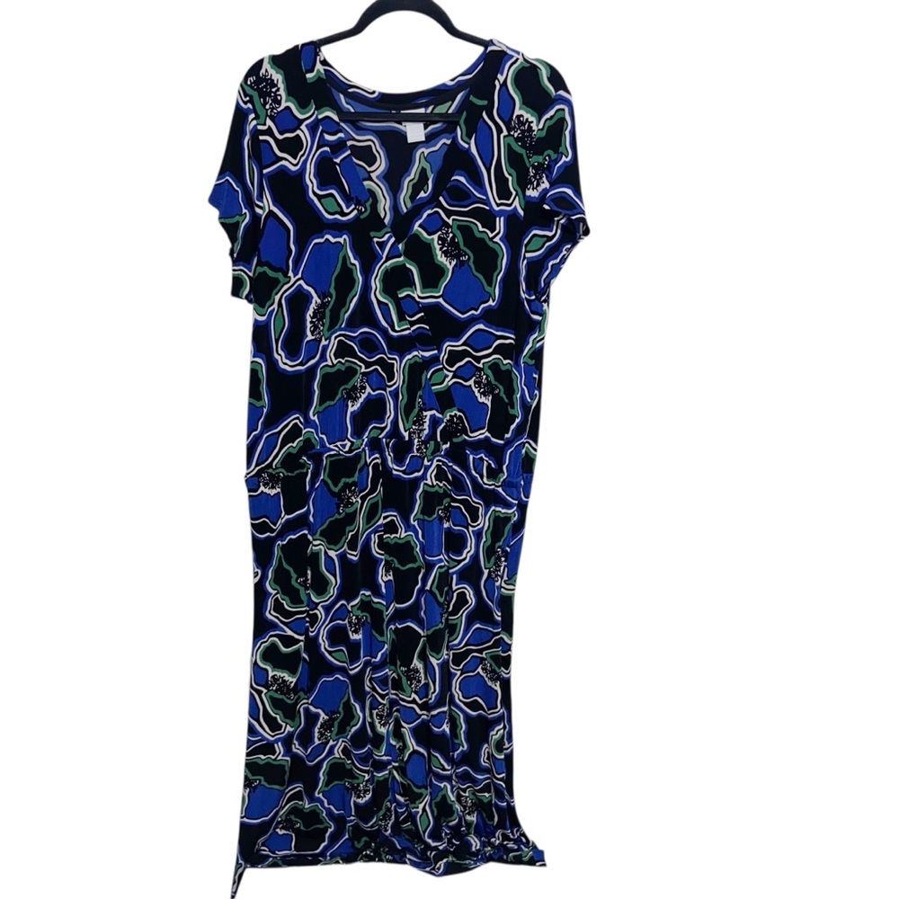 Chicos Travelers Dress Womens Size 3 (XL) Floral Midi Maxi Blue Black Pockets